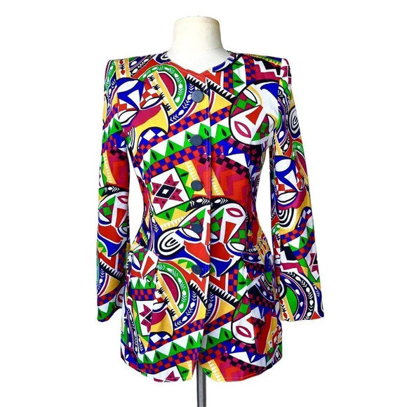 LAUREL by ESCADA Blazer Face Art Colorful Multicolor Buttons Statement Jacket 36